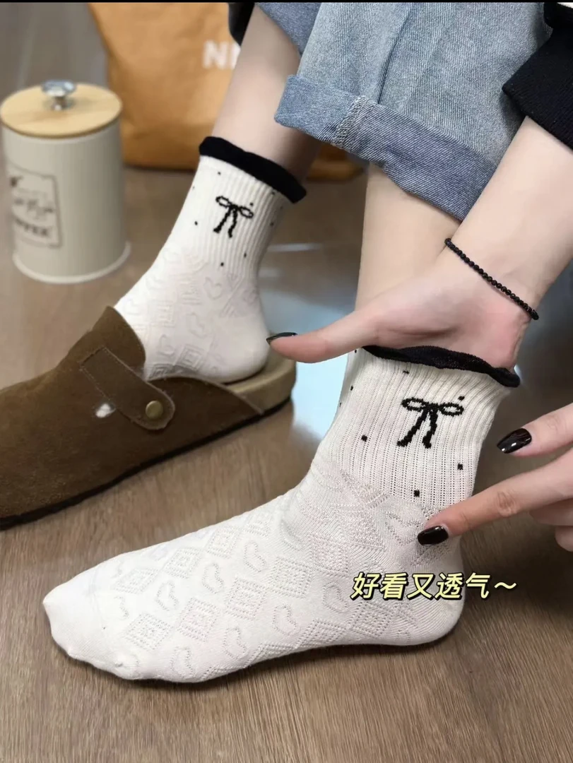 袜子女薄款蝴蝶结轻薄透气花边夏季网眼堆堆袜学生ins中筒网眼袜