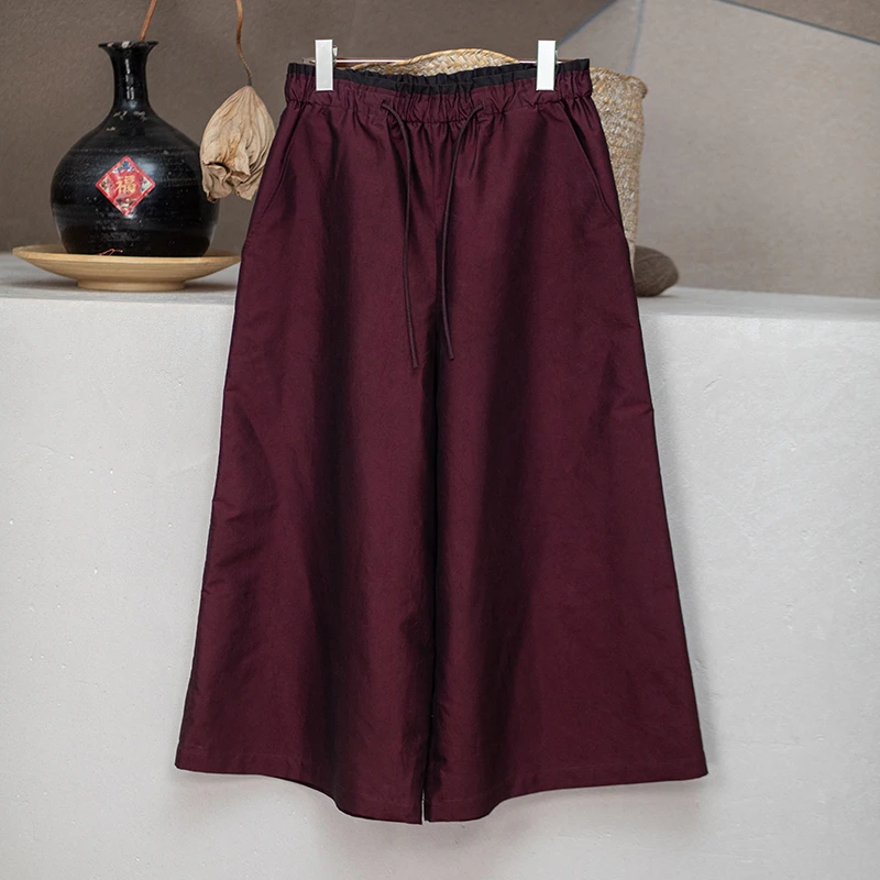 youyuansu/幽元素原创女装夏季复古红色宽松纯色松紧腰休闲裤