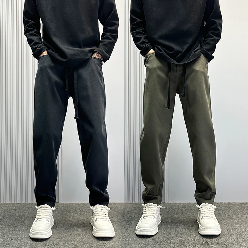 休闲直筒修身男裤2025春夏新款绿色微锥小脚裤痞帅男生百搭哈伦裤