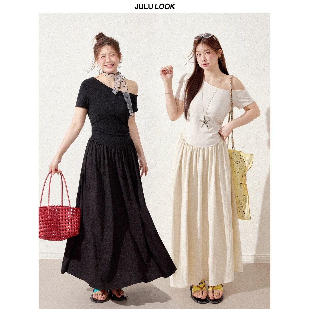 巨鹿工作室“情定巴黎”微胖mm法式气质挂露肩显瘦拼接大码连衣裙