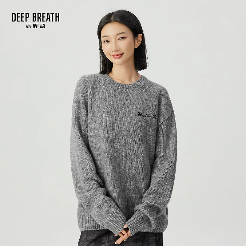 DEEP BREATH深呼吸简约廓形毛衣圆领提花图案针织衫A301408