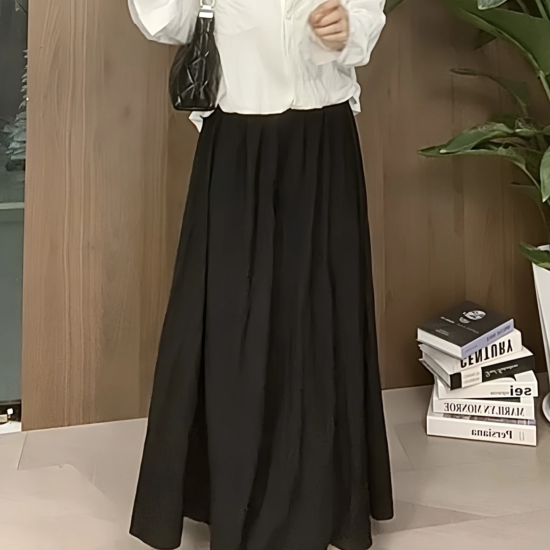 高级感黑色西装半身裙女高腰垂感a字大摆伞裙中长款气质百褶长裙