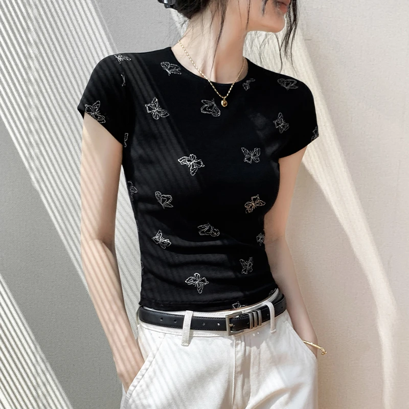 莱赛尔天丝圆领百搭烫钻短袖T恤女夏季外穿正肩黑色修身显瘦上衣