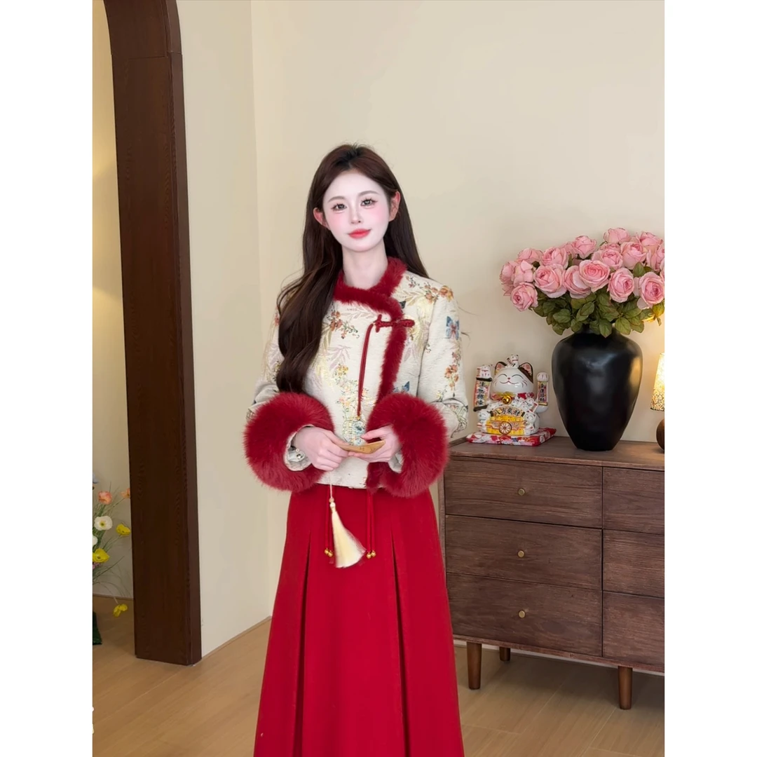 【锦绣年华】<77>新中式提花撞色拼毛羽绒外套+马面裙XMZH11043
