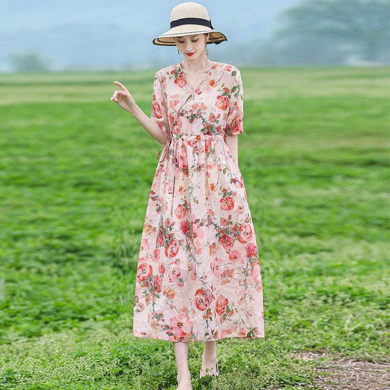 复古民族风女士长裙夏季减龄妈妈装系带收腰显瘦棉麻连衣裙碎花裙