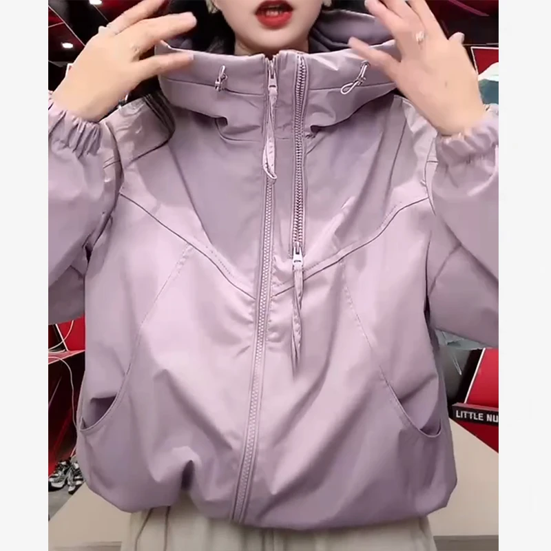 双拉链女款连帽春秋7ins纯色短款休闲拼接防风韩版短外套2502