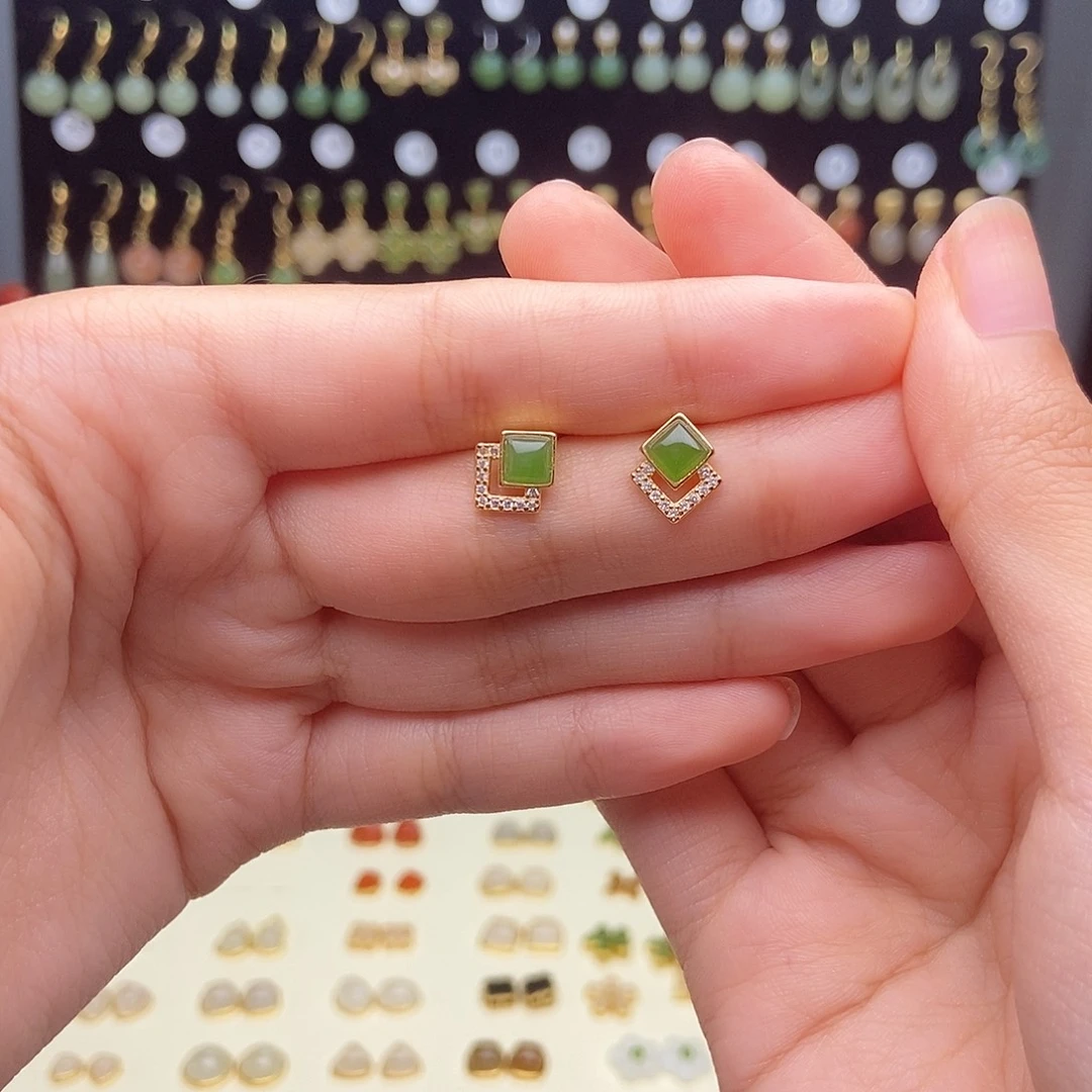 银S925镀金镶嵌和田玉耳饰