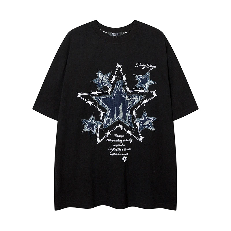 UM美式潮牌星星牛仔贴布短袖t恤男女夏季街头嘻哈宽松情侣上衣