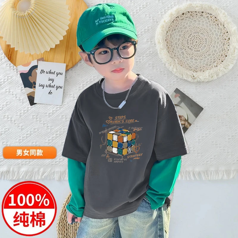 男孩韩版拼接长袖T恤春秋中大童纯棉假两件儿童百搭圆领休闲上衣