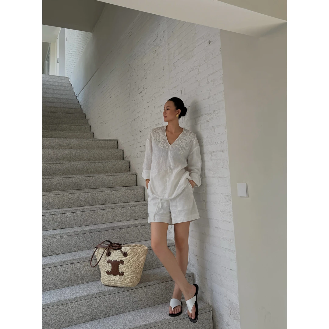 100%亚麻白色短裤女夏季薄款显瘦高腰直筒阔腿休闲裤子 SXZ421373