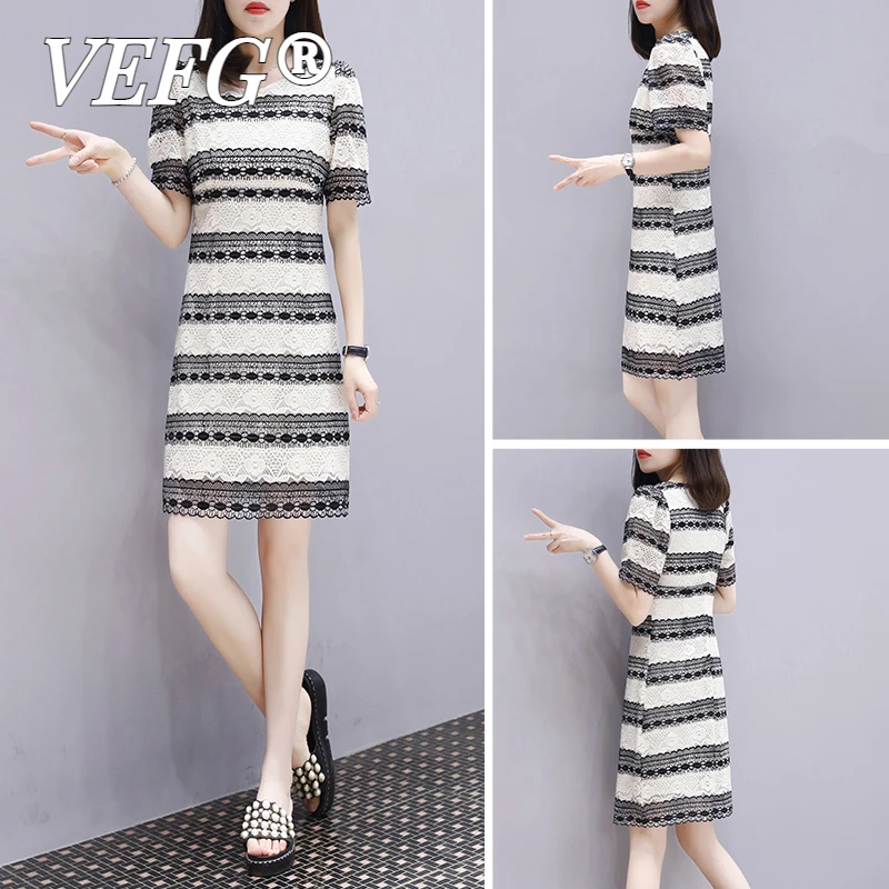 VEFG镂空蕾丝条纹连衣裙女夏季2025法式新款小个子收腰显瘦气质a