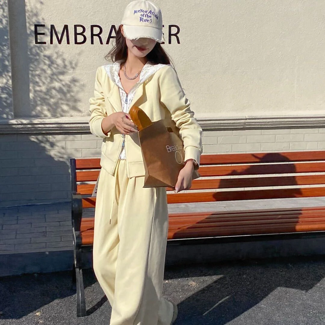 2025春款拼蕾丝连帽套装