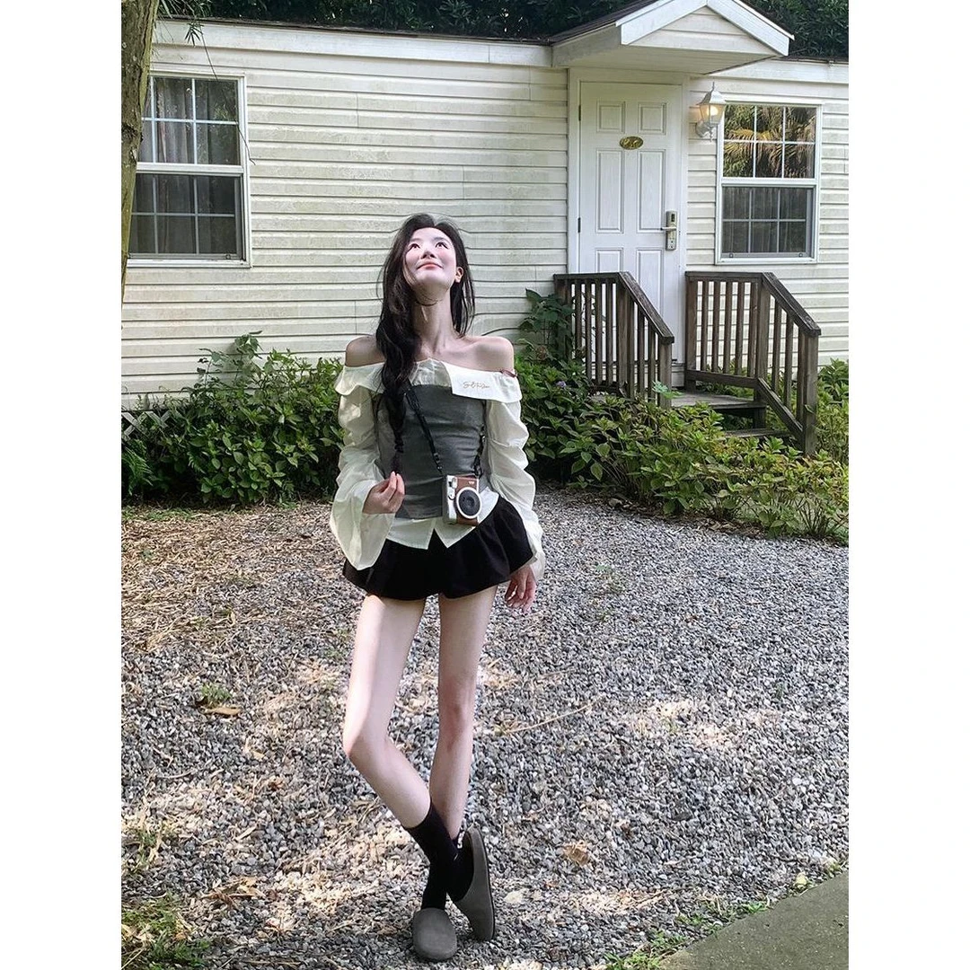 学院风小众一字肩上衣黑色半身裙两件套秋季甜美小个子百搭套装女