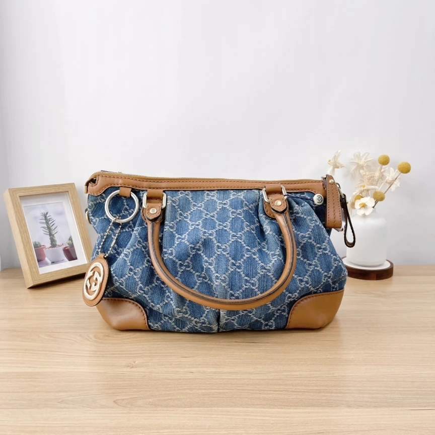 95新 GUCCI/古驰 蓝色丹宁牛仔布拼皮/单肩包/1156