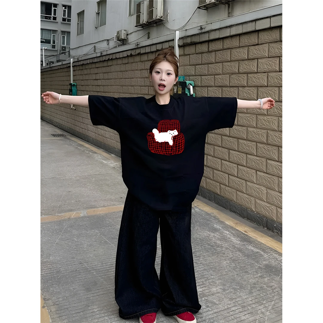 新款夏季新款短袖T恤女慵懒风穿搭猫咪印花圆领韩版休闲时尚上衣