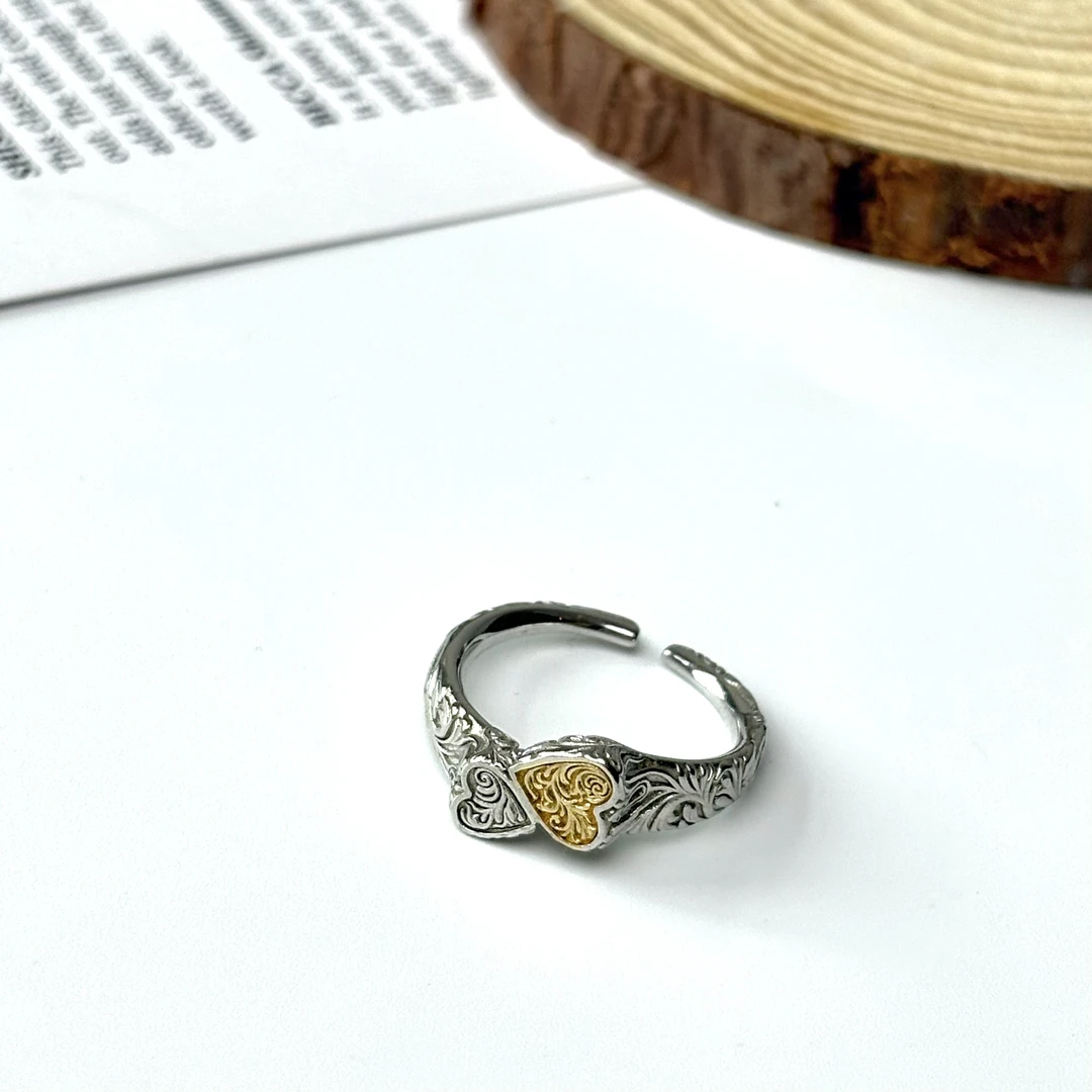 925银戒指 小众925银双爱心不规则纹理戒指时尚可调节轻奢冷淡风