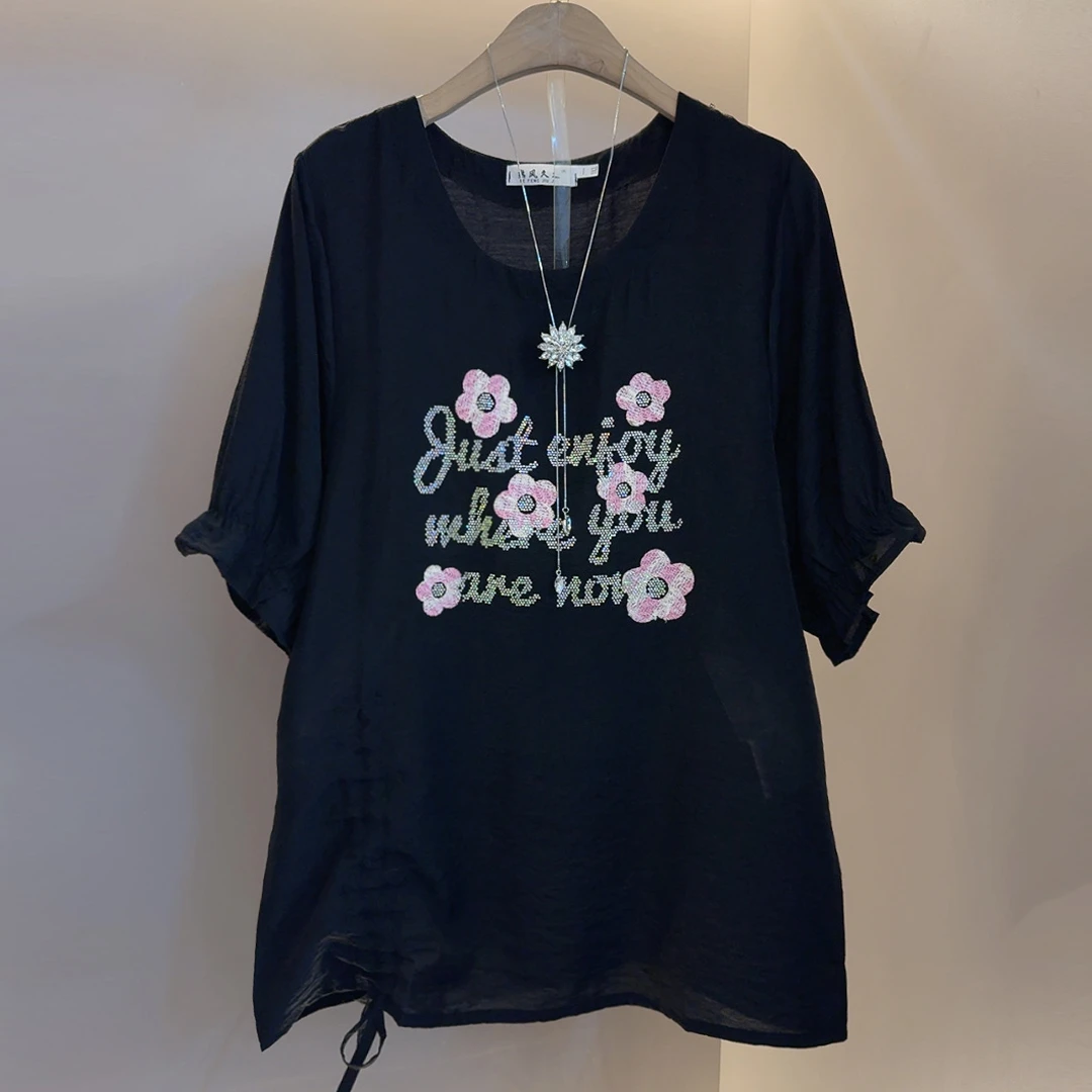 耐磨常规抽褶时尚烫钻吸汗T恤国风复古半袖夏季百搭宽松女士