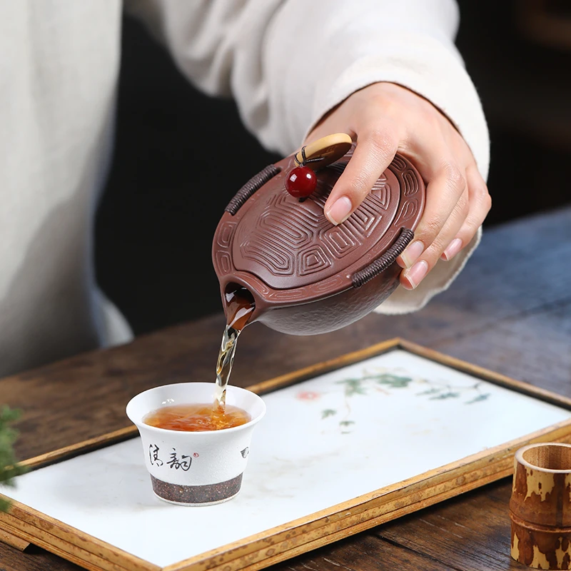 藏壶纳金宜兴紫砂富甲一方手抓盖碗金钱乌龟壳仿生复古泡茶壶盖碗