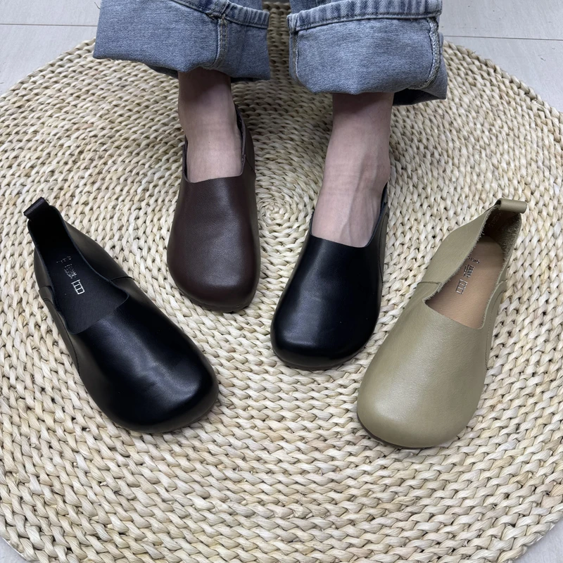 3032-1手工牛皮单鞋2025新款真皮软面平底圆头文艺森系舒适软底鞋
