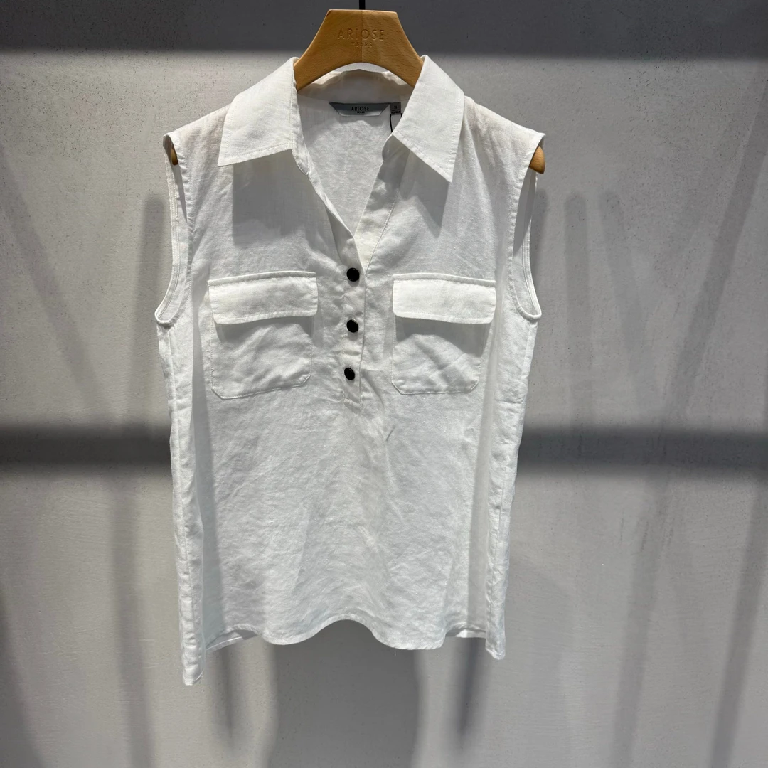 艾家2025 新款。简约百搭洋气翻领亚麻无袖上衣5032