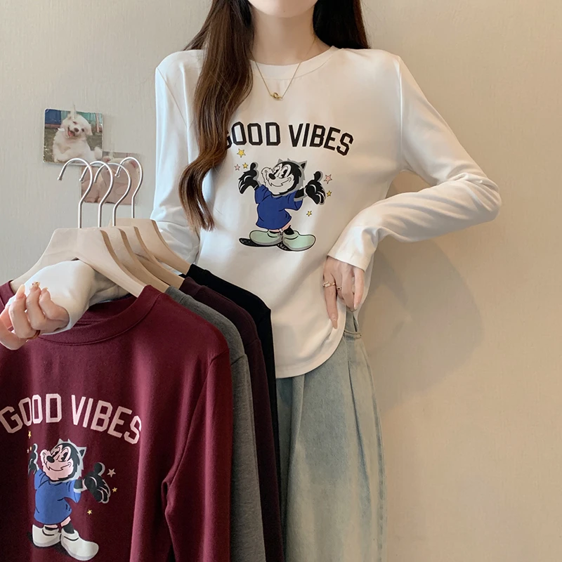 【荔枝】2024秋冬新款胖mm大码女时尚卡通字母印花内搭长袖T恤