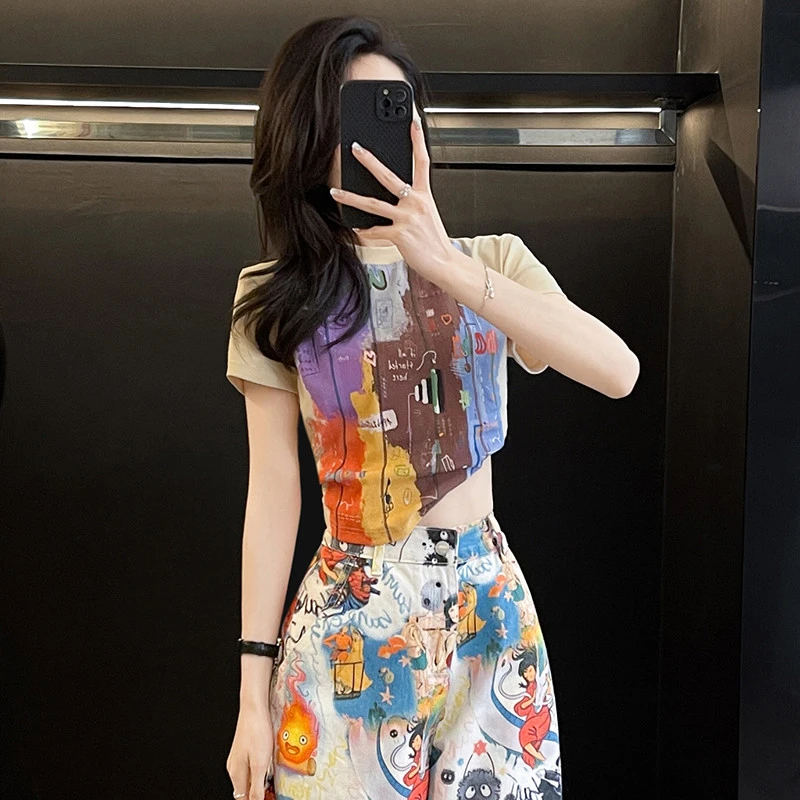涂鸦印花短款t恤女短袖夏季新款设计感正肩宽松显瘦半袖衫上衣潮