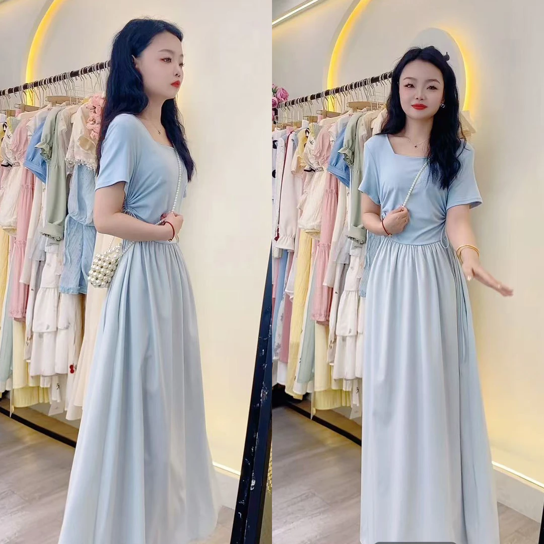 308#法式方领高腰温柔风连衣裙女小众设计2025新款小个子拼接长裙