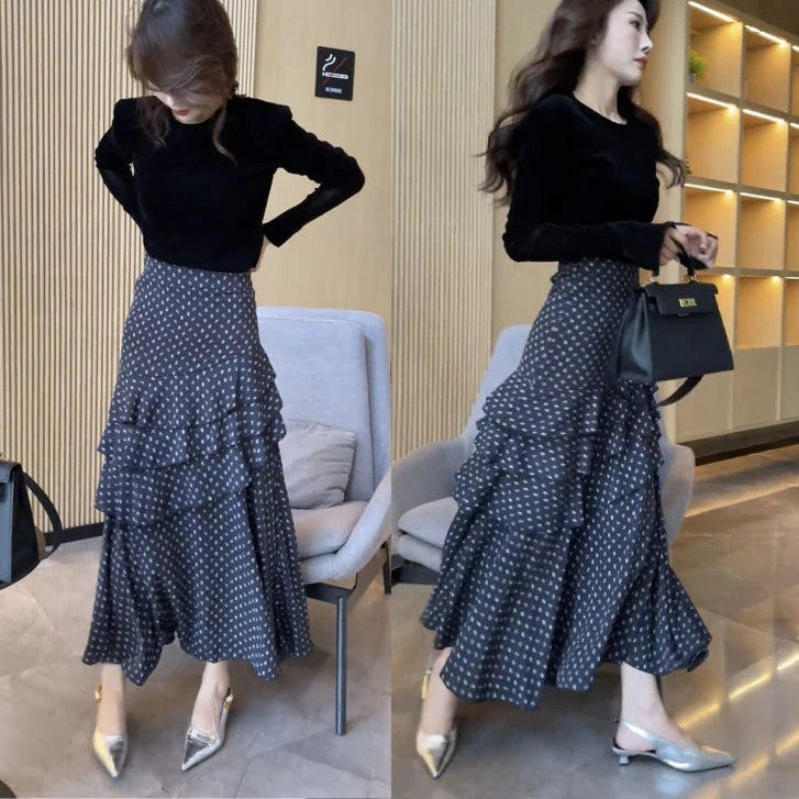 法式复古风时尚套装女2025年春季新款圆领纯色小衫+高腰半身长裙