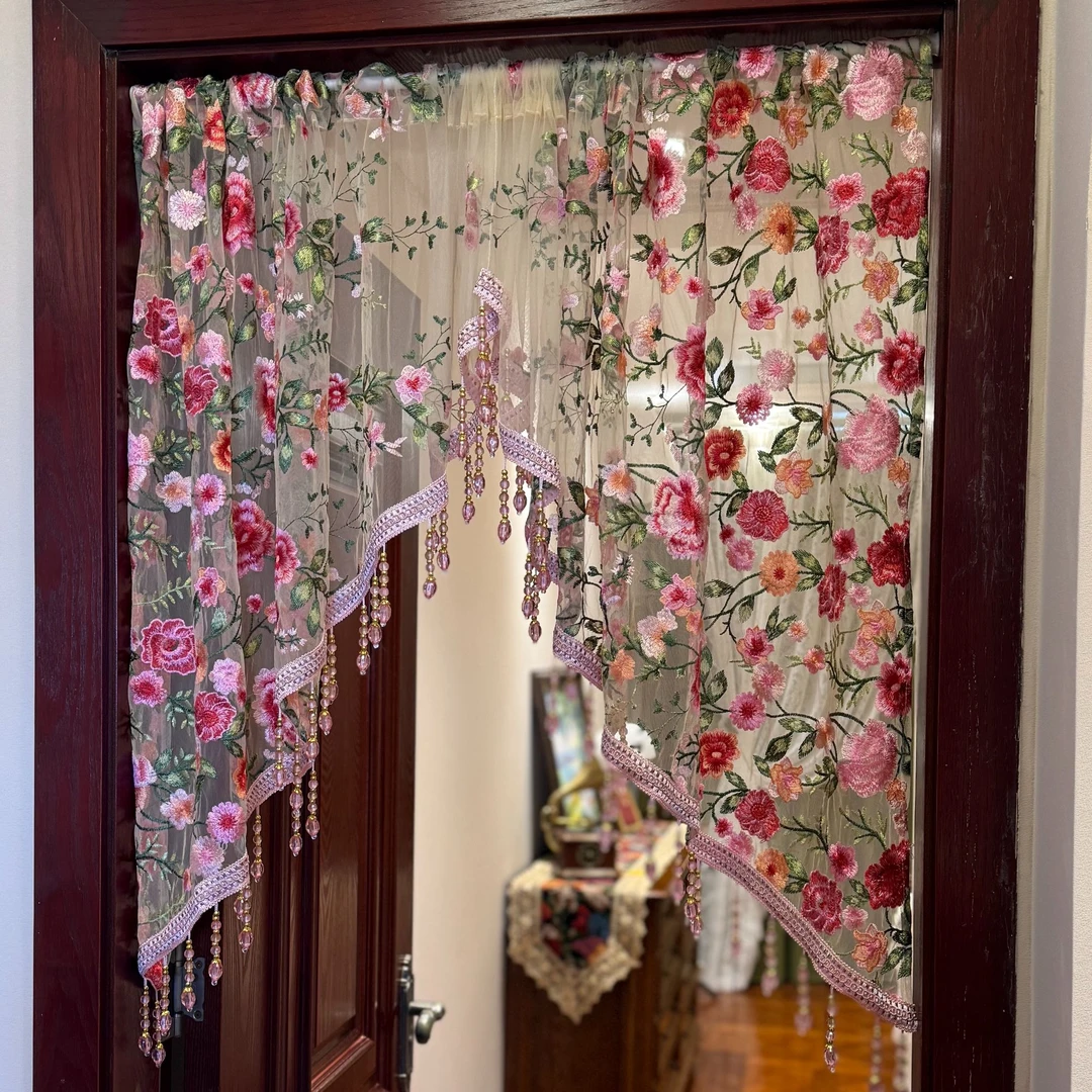 复古绣花高端粉色花卉流苏免打孔安装隔断餐厅门帘纱帘蕾丝卧室