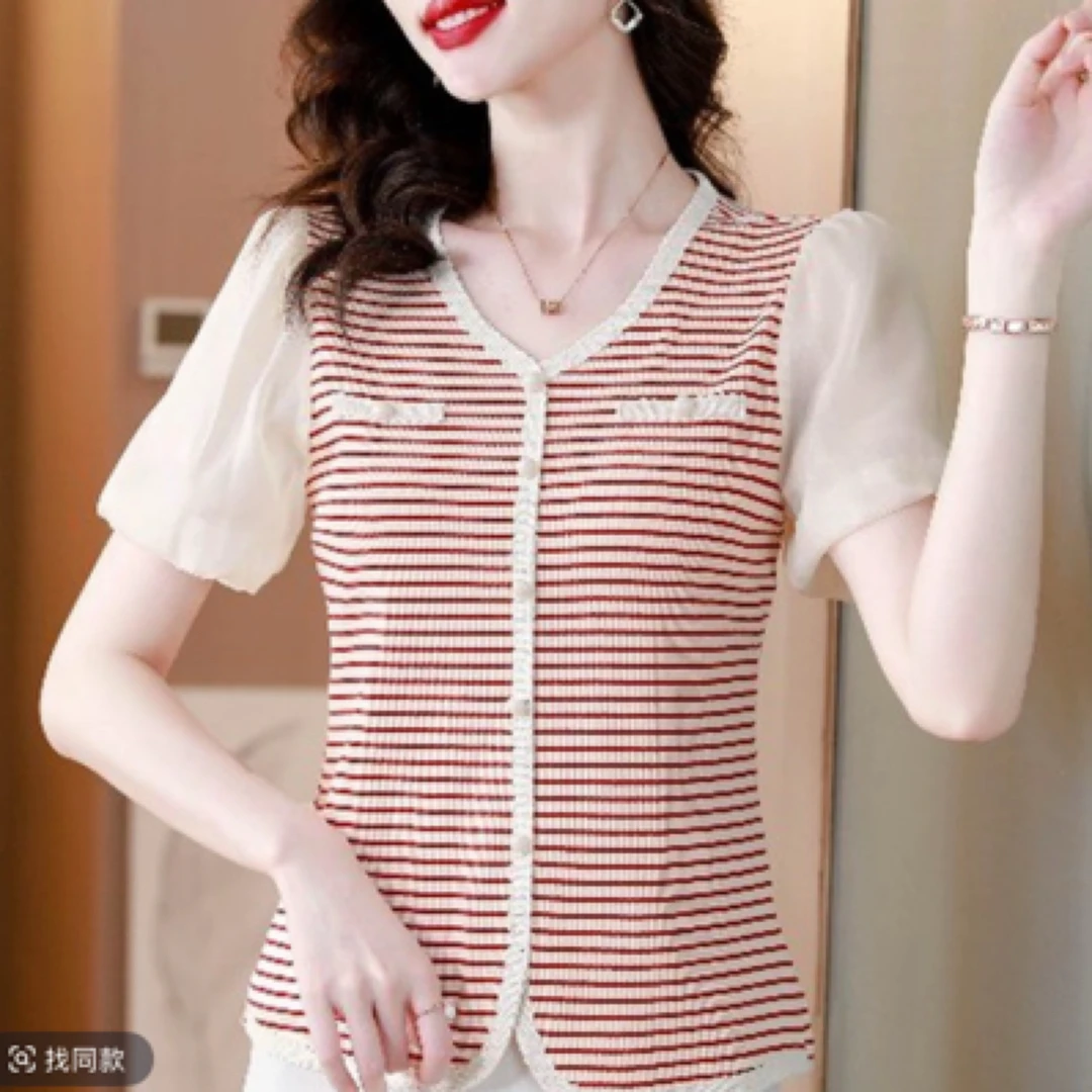 2518#-35拼接短袖V领轻职风宽松型条纹T恤撞色显瘦时髦小姨风