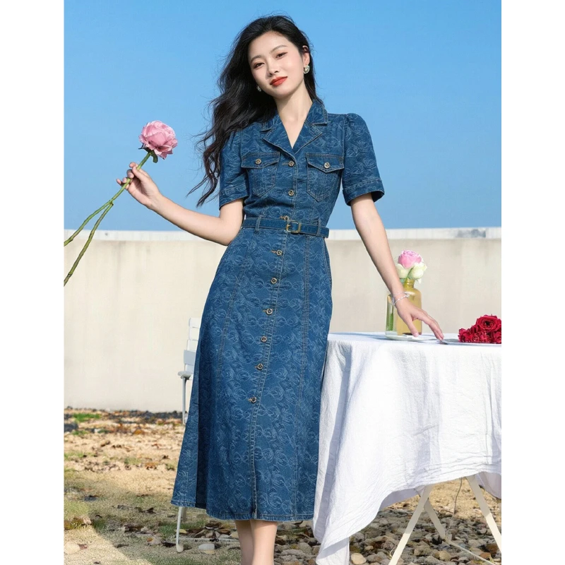 牛仔女装连衣裙夏季新款高级气质中长裙显瘦收腰伽2616H