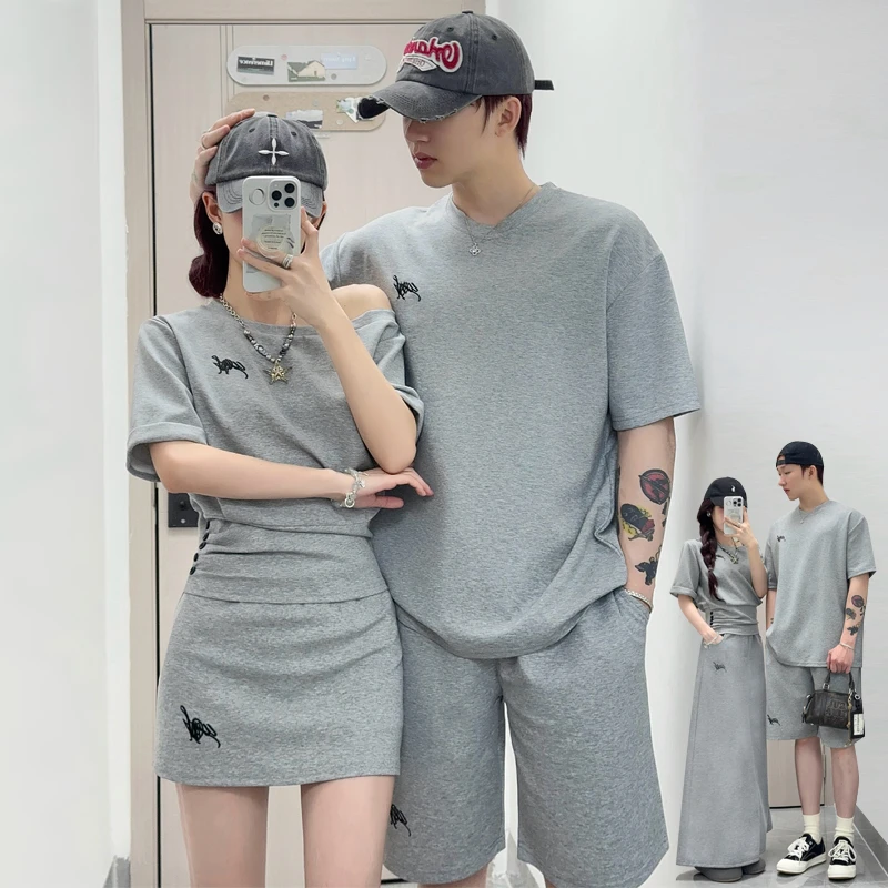情侣套装情侣装韩系运动休闲短款收腰上衣斜肩露肩T恤灰色半身裙