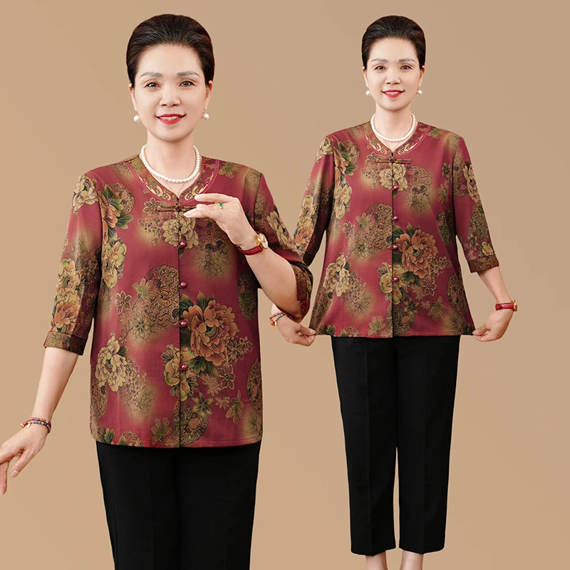 妈妈装夏装夏季新中式单排扣七分袖国风两件套优雅大码印花套装女