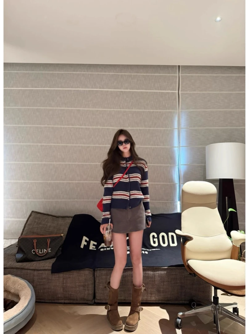 撞色条纹韩系慵懒毛衣开衫女秋季新款复古气质显瘦圆领针织衫上衣