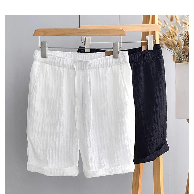 Cebrodz2025夏季新款男装休闲短裤子松紧腰棉麻抽绳褶皱五分裤男