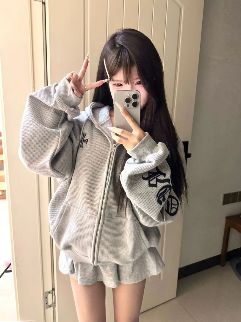 女士外套秋冬款加绒慵懒风韩版学生华夫格休闲棉质小个子连帽卫衣