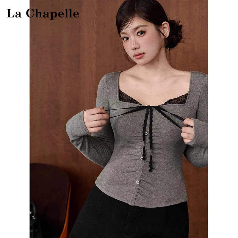 拉夏贝尔韩系花灰色方领蕾丝打底衫女秋冬季气质修身显瘦长袖上衣