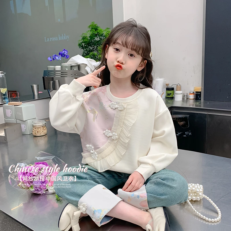 女童2025秋款新款时尚百搭洋气网纱拼接女孩新中式卫衣DY11828