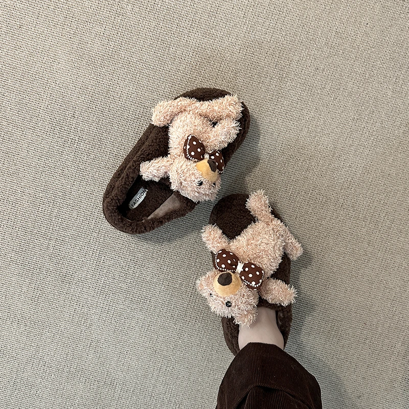 可爱卡通蝴蝶结动态小熊毛毛拖鞋女2025冬季新款外穿简约棉鞋拖鞋