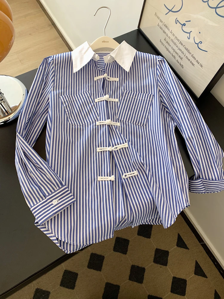 新中式盘扣条纹衬衫外套女士中长款小众不撞款上衣宽松慵懒风25春