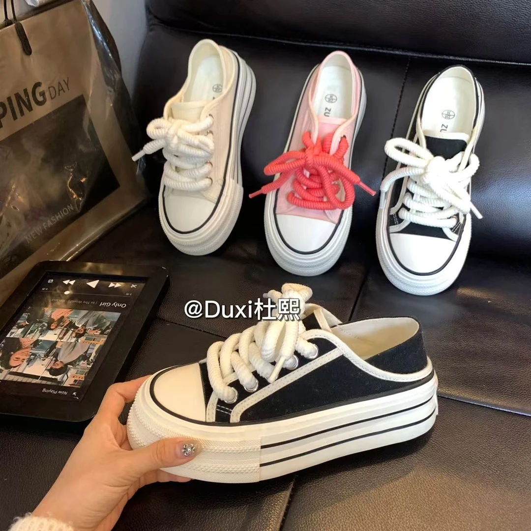 2023年夏季新款两穿小白鞋休闲百搭布鞋厚底ins韩版透气女板鞋
