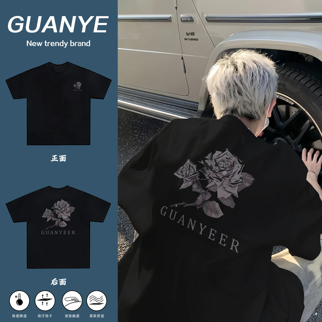 GUANYE宽松男纯棉短袖T恤圆领欧美风复古玫瑰印花街头潮牌上衣