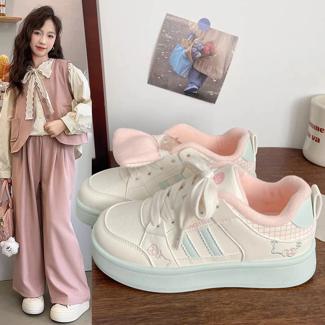 女童粉色厚底小白鞋2025秋新款ins小众设计儿童冬季加绒运动板鞋