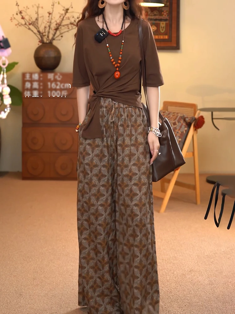 轻熟风高级感女装复古印花阔腿裤两件套2025夏新气质显瘦减龄套装