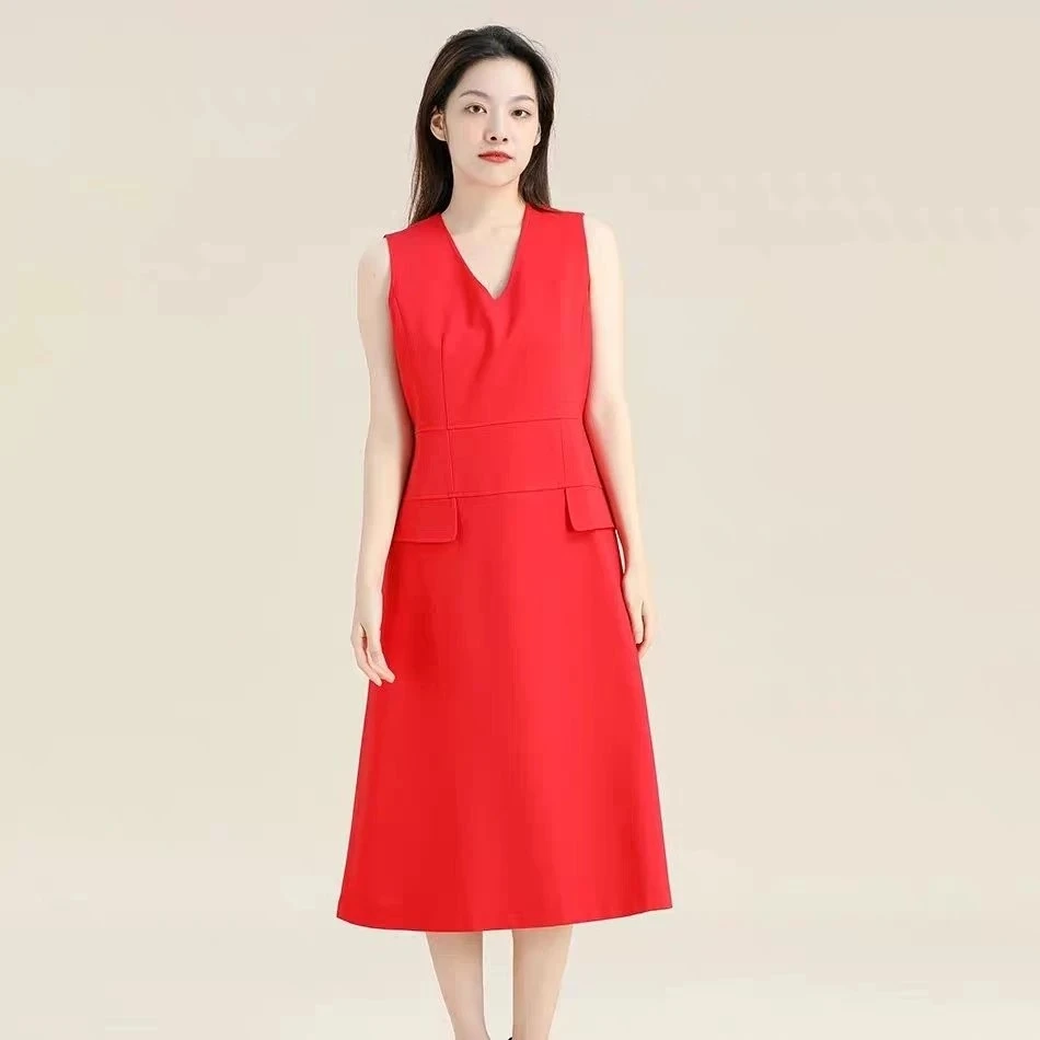 不支持退换连衣裙V领气质红色无袖裙子夏季简约优雅百搭500525