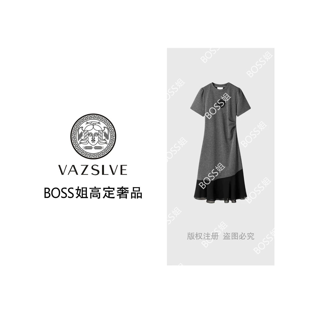 VAZSLVE/原创设计 简约花纹侧边褶皱设计短袖连衣裙msl352