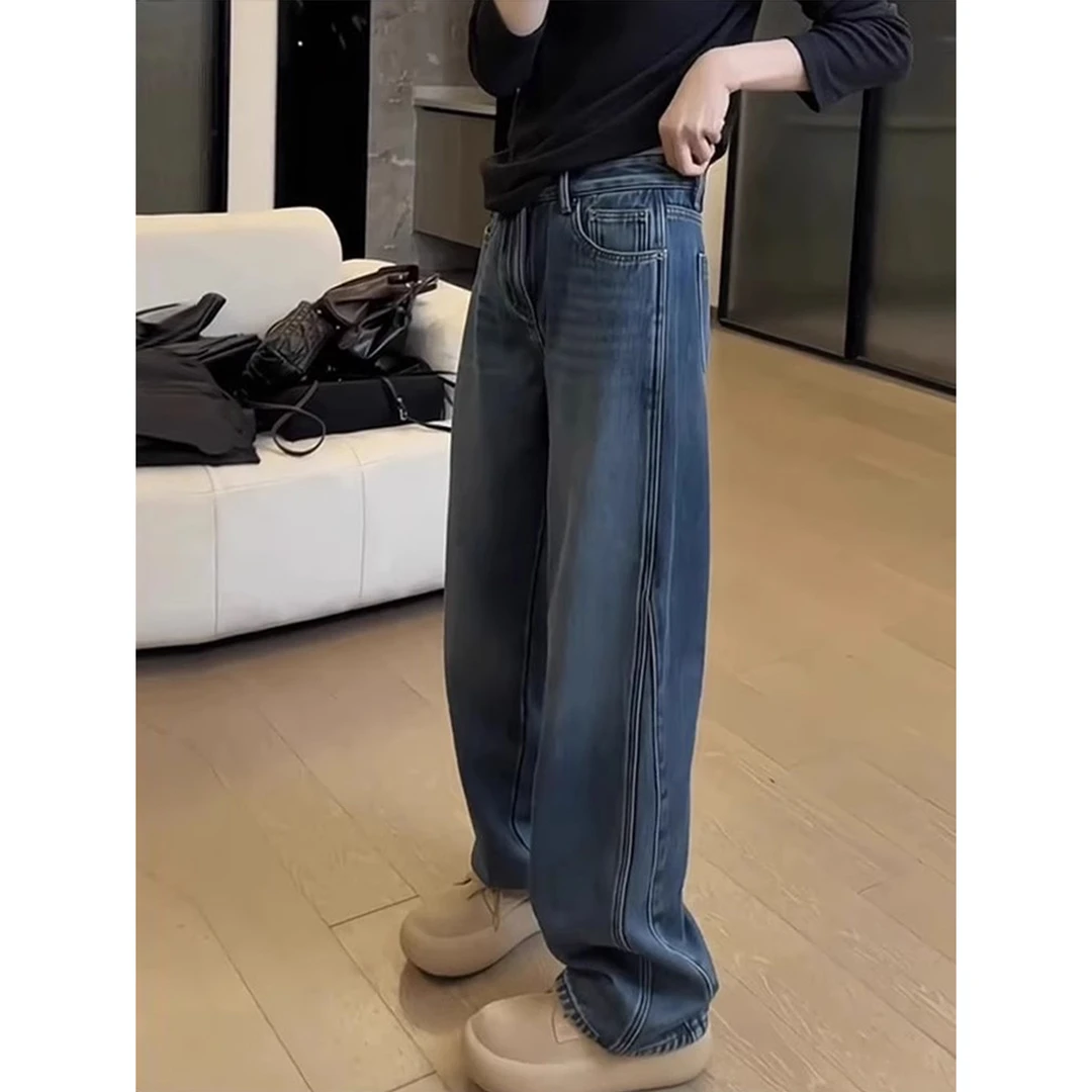 加绒加厚牛仔裤女阔腿宽松2025秋冬款梨型身材粗腿宽胯窄版直筒裤