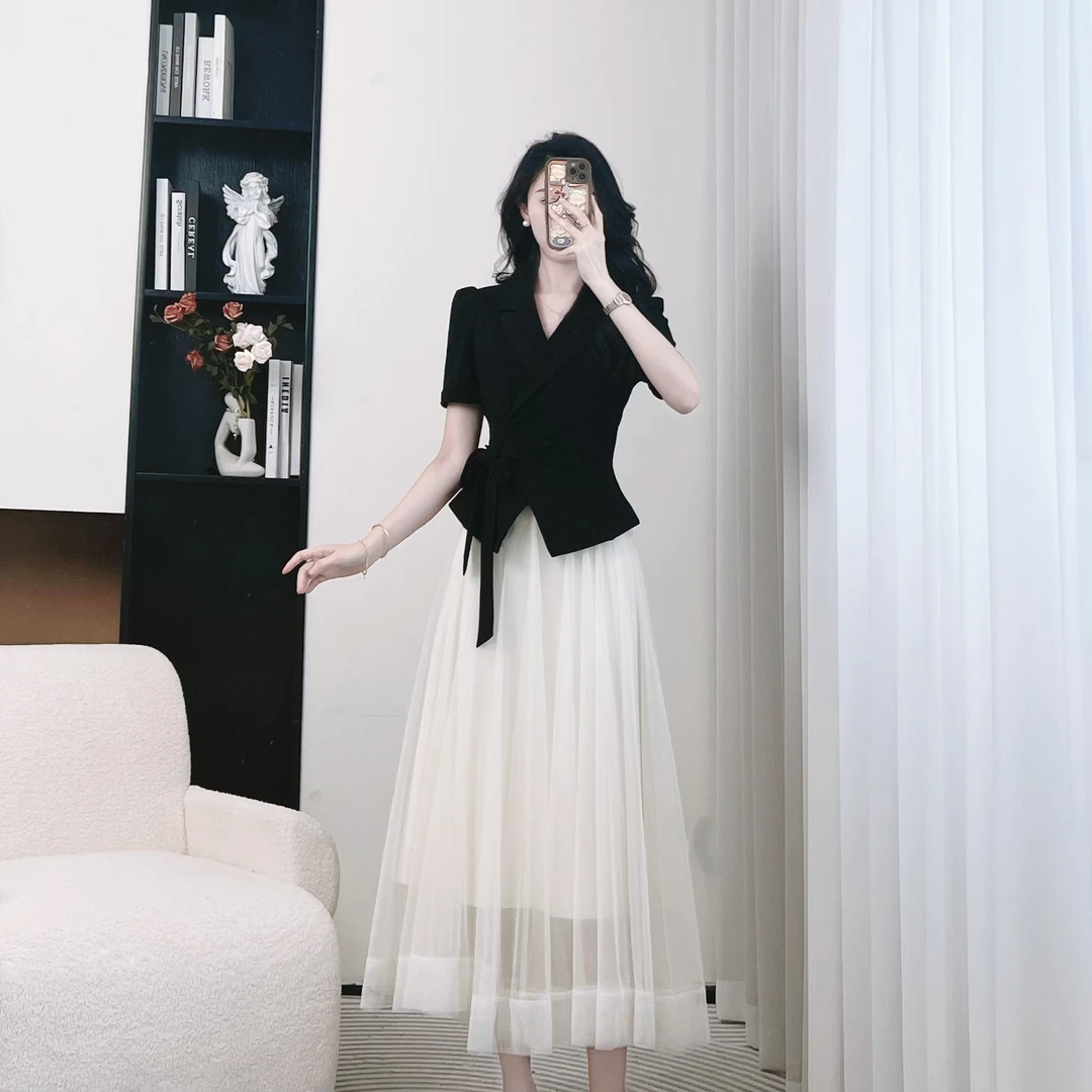 拉夏贝尔25夏季气质优雅设计师收腰显瘦短袖上衣+纱裙 10313 QXJ