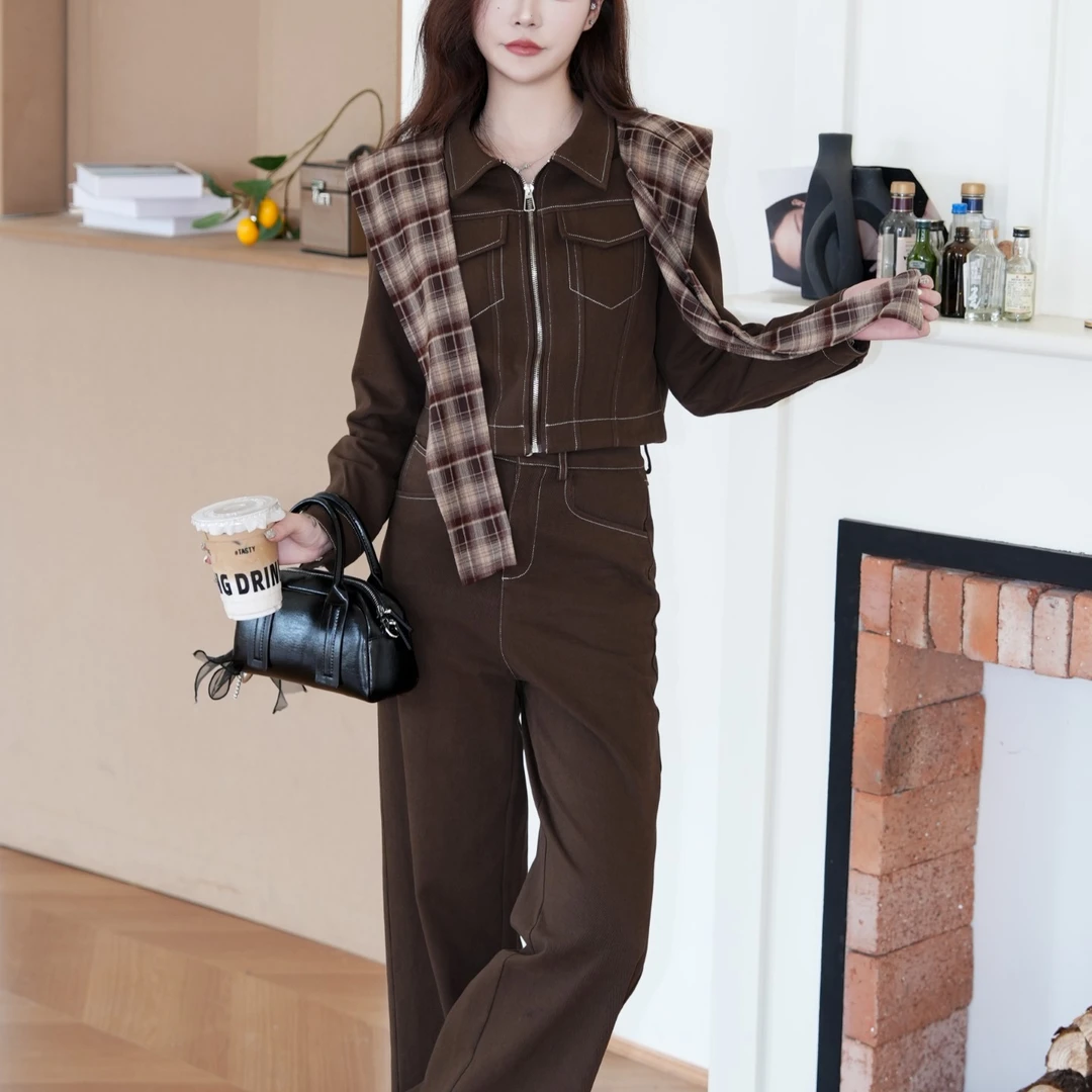 拉夏贝尔美拉德韩系穿搭职业套装女2025秋一整套小个子咖色工装裤