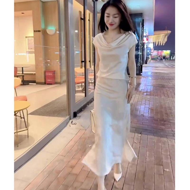 今年流行夏季新款高端精致气质小香风白色绸面衬衫半身裙两件套装